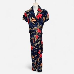 Caribbean Joe Navy Floral Wrap Dress, Hawaiian Tropical Print, Size Small